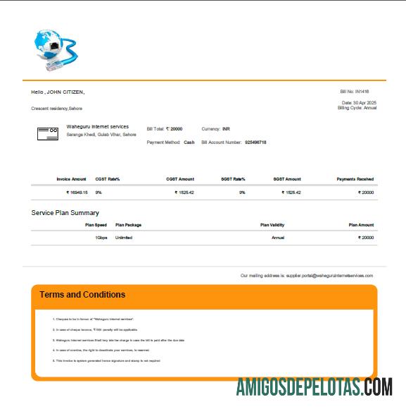 Em branco modelo de conta de serviços públicos Waheguru Telecom da Índia em formatos Word e PDF